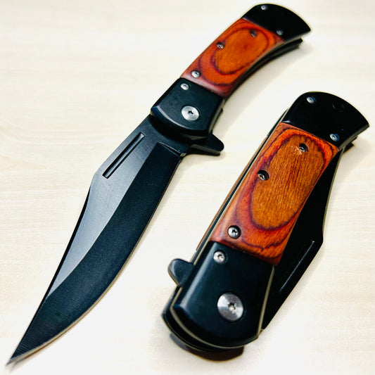 ElitEdge 8.75” Wood Black Cute Tactical Spring Assisted Open Blade Folding Pocket knife. Hunting, Camping, Cool Knife.