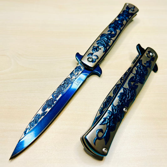 BladeDealUSA 9” Blue Rose Engraved Cute Spring Assisted Open Blade Folding Pocket Knife. Hunting, Camping Knife. Cool Knife. Cute Knife