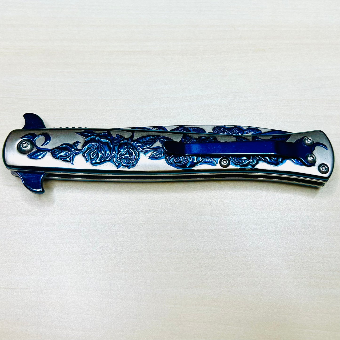 BladeDealUSA 9” Blue Rose Engraved Cute Spring Assisted Open Blade Folding Pocket Knife. Hunting, Camping Knife. Cool Knife. Cute Knife