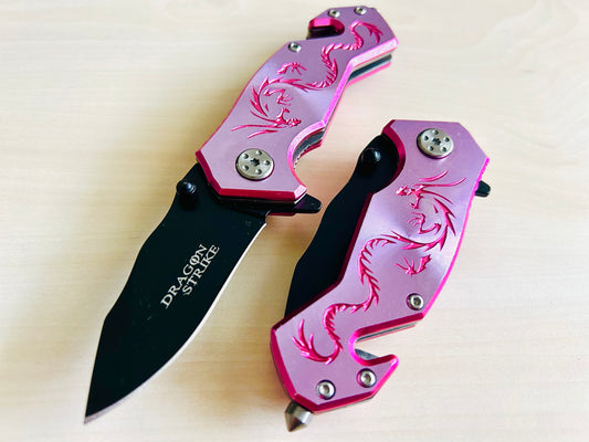 ElitEdge 6” Pink Dragon Mini Cute Knife Spring Assisted Open Blade Folding Pocket Knife. Hunting, Camping, Cute Knife. Cool Knife