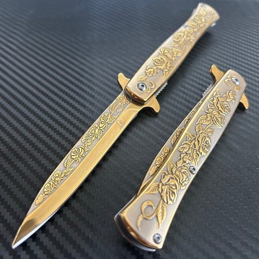 BladeDealUSA 9” Gold Rose Engraved Cute Spring Assisted Open Blade Folding Pocket Knife. Hunting, Camping, Cute Knife. Cool Knife