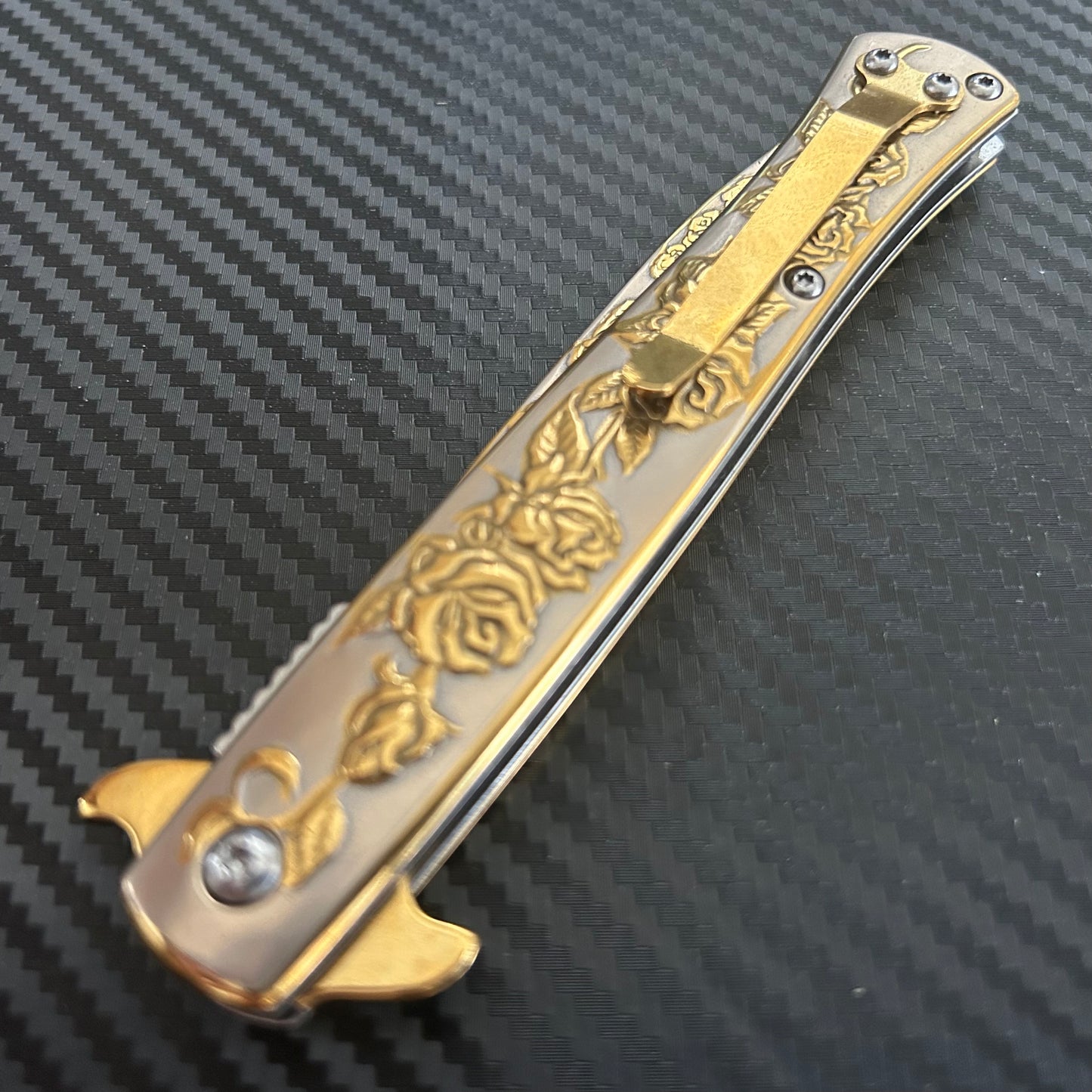 BladeDealUSA 9” Gold Rose Engraved Cute Spring Assisted Open Blade Folding Pocket Knife. Hunting, Camping, Cute Knife. Cool Knife