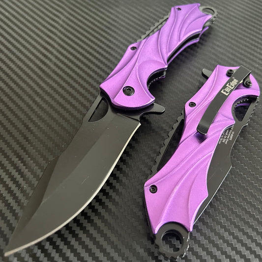 ElitEdge 8.5” Purple Military Tactical Cool Knife Spring Assisted Open Blade Folding Pocket knife. Hunting, Camping, Cute Knife. Cool Knives