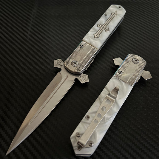BladeDealUSA 9” Pearl Cross Cute Knife Spring Assisted Open Blade Folding Pocket Knife. Hunting, Camping, Cute Knife. Cool Knife