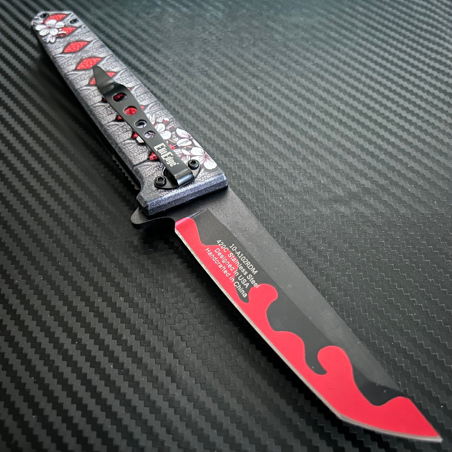 ElitEdge 9” Cute Red Monster Mini Katana Spring Assisted Open Blade Folding Pocket Knife Hunting Cool Knife