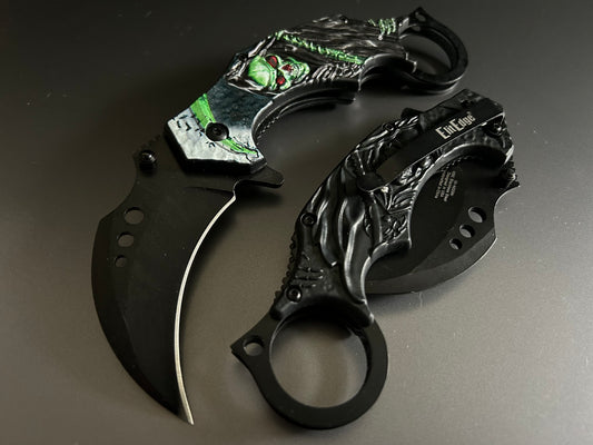 ElitEdge 7” Green Skull Grim Reaper Tactical Claw Karambit Assisted Open Folding Pocket Knife. Cool Knife, Cute Knife, Pocket Knives, Pretty Knife