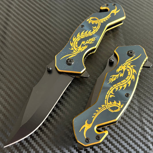 ElitEdge 8” Gold Dragon Mini Cute Knife Spring Assisted Open Blade Folding Pocket Knife. Hunting, Camping, Cute Knife. Cool Knife