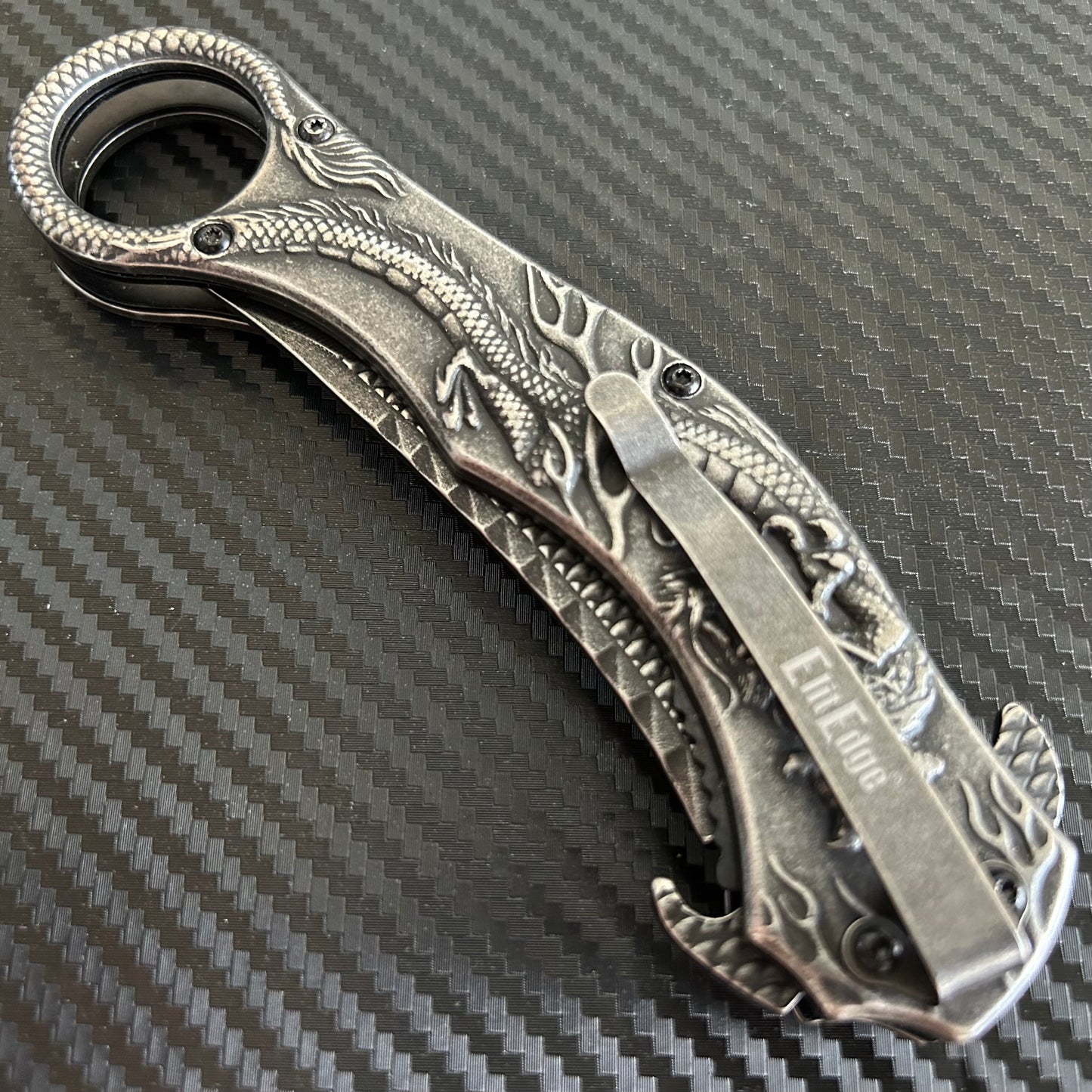ElitEdge Black Dragon Sculpture 9” Karambit Tactical Spring Assisted Folding Pocket Knife. Hunting, Camping, Cute Knife. Cool Knife