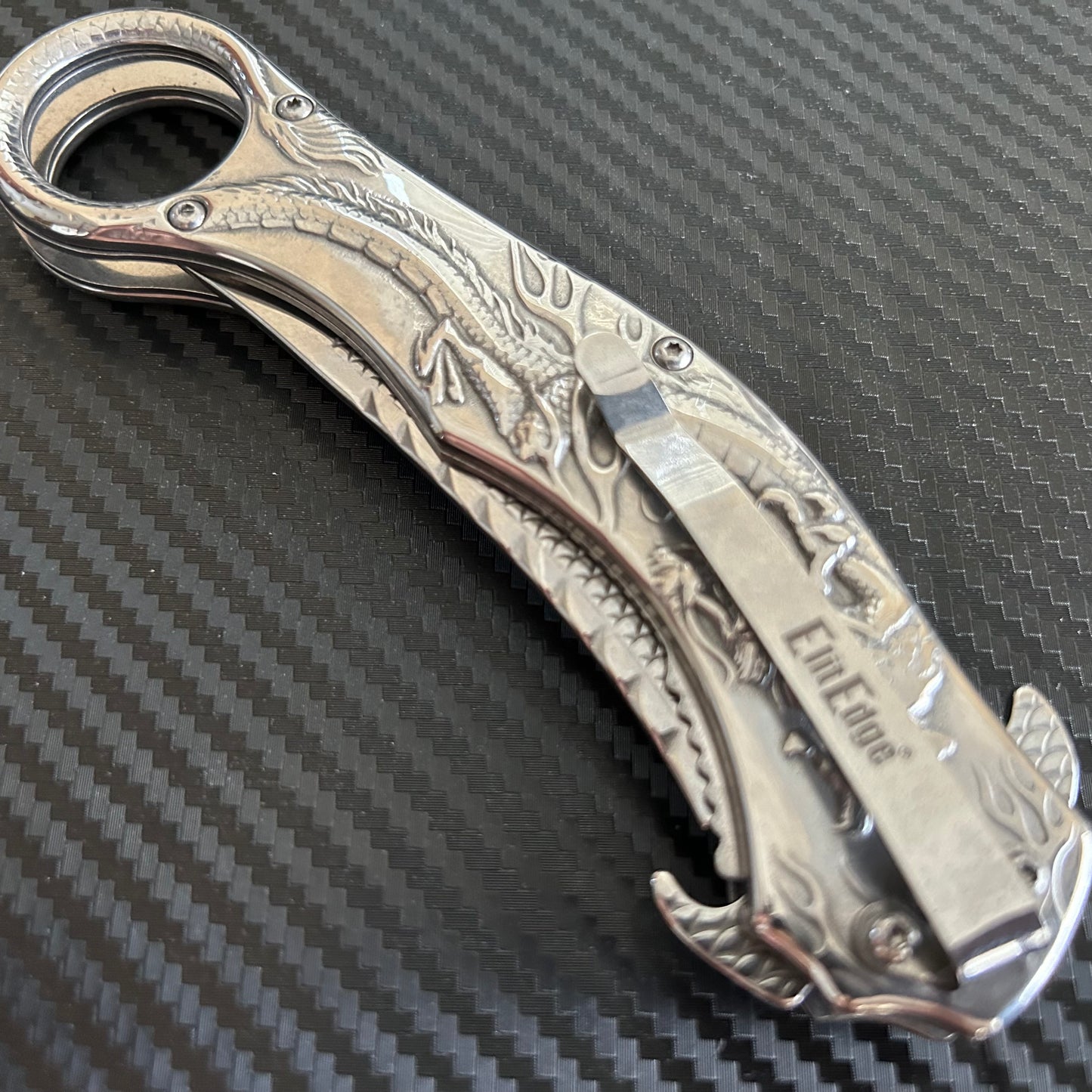 ElitEdge 9” Silver Dragon Cute Karambit Spring Assisted Open Folding Pocket Knife. Tactical Hunting Camping Cool Knife