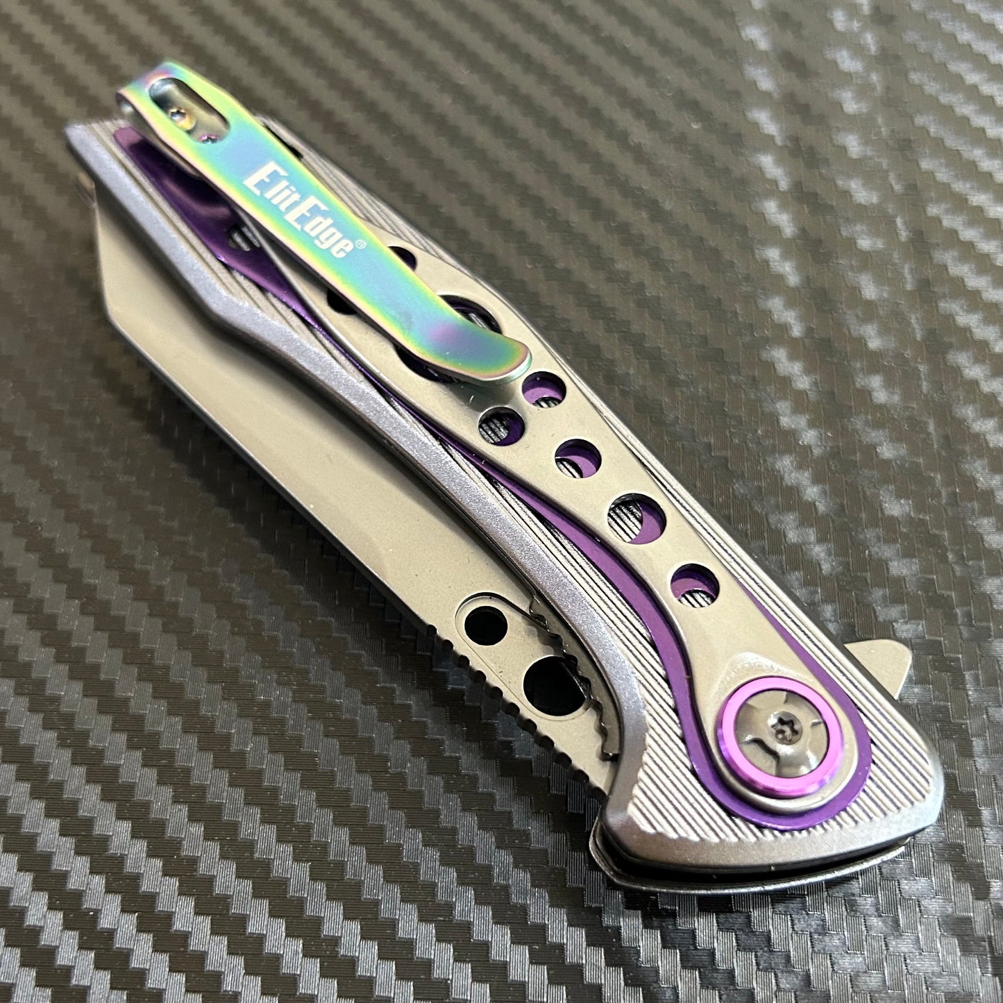 ElitEdge 8” Purple Titanium Color Coated Spring Assisted Open Folding Pocket Knife. Cool Knife. Cute Knife. Gift Knife