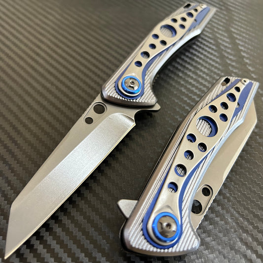 ElitEdge 8” Blue Titanium Color Coated Spring Assisted Open Folding Pocket Knife. Cool Knife. Cute Knife. Gift Knife