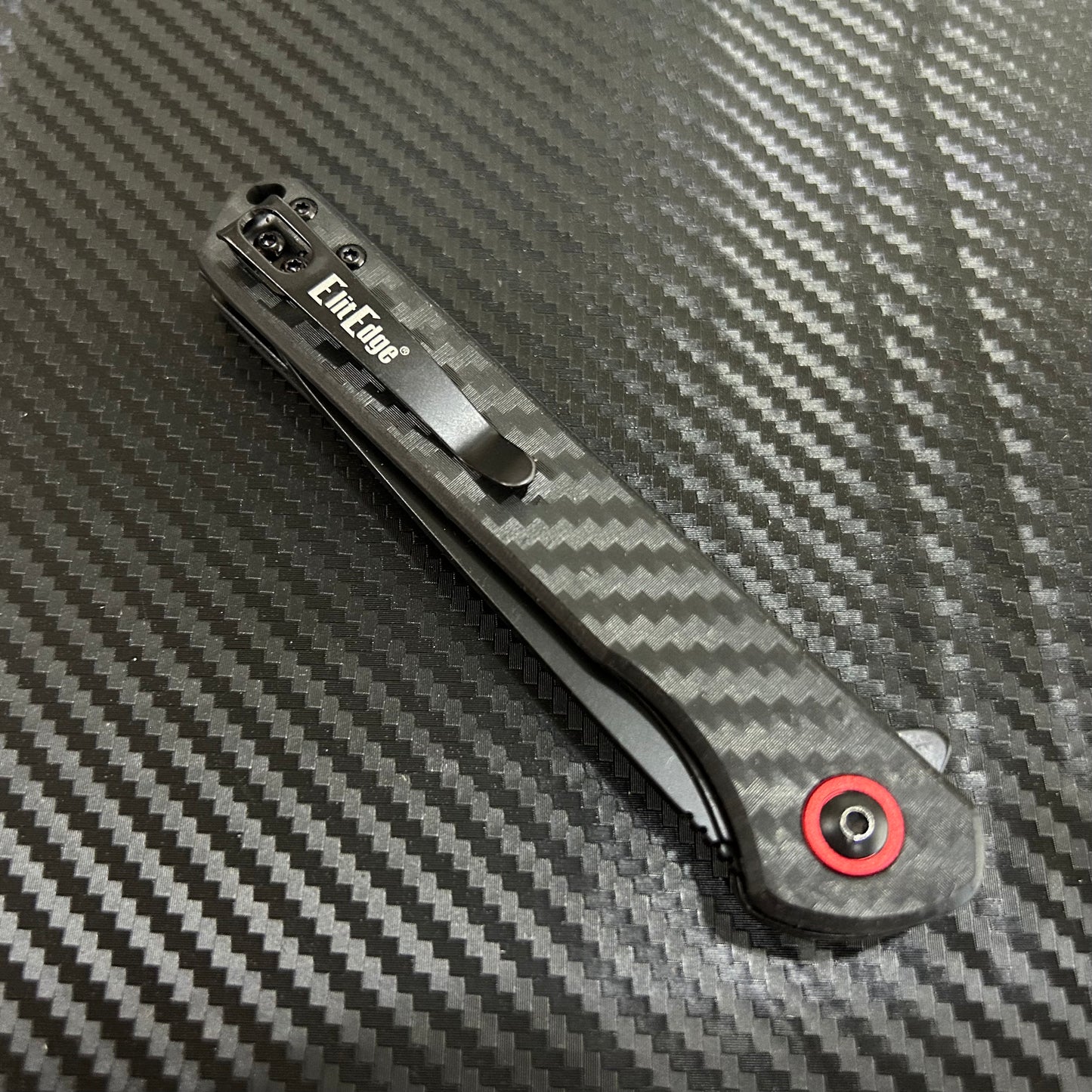 ElitEdge 8.75” Black Red Carbon Fiber Cute Ball Bearing Open Blade Folding Pocket Knife. Hunting, Camping, Cute Knife. Cool Knife