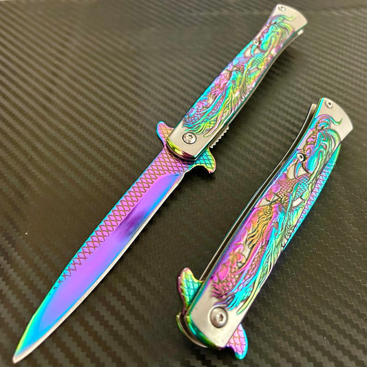 BladeDealUSA 9” Rainbow Dragon Engraved Cute Spring Assisted Open Blade Folding Pocket Knife. Hunting, Camping, Cute Knife. Cool Knife