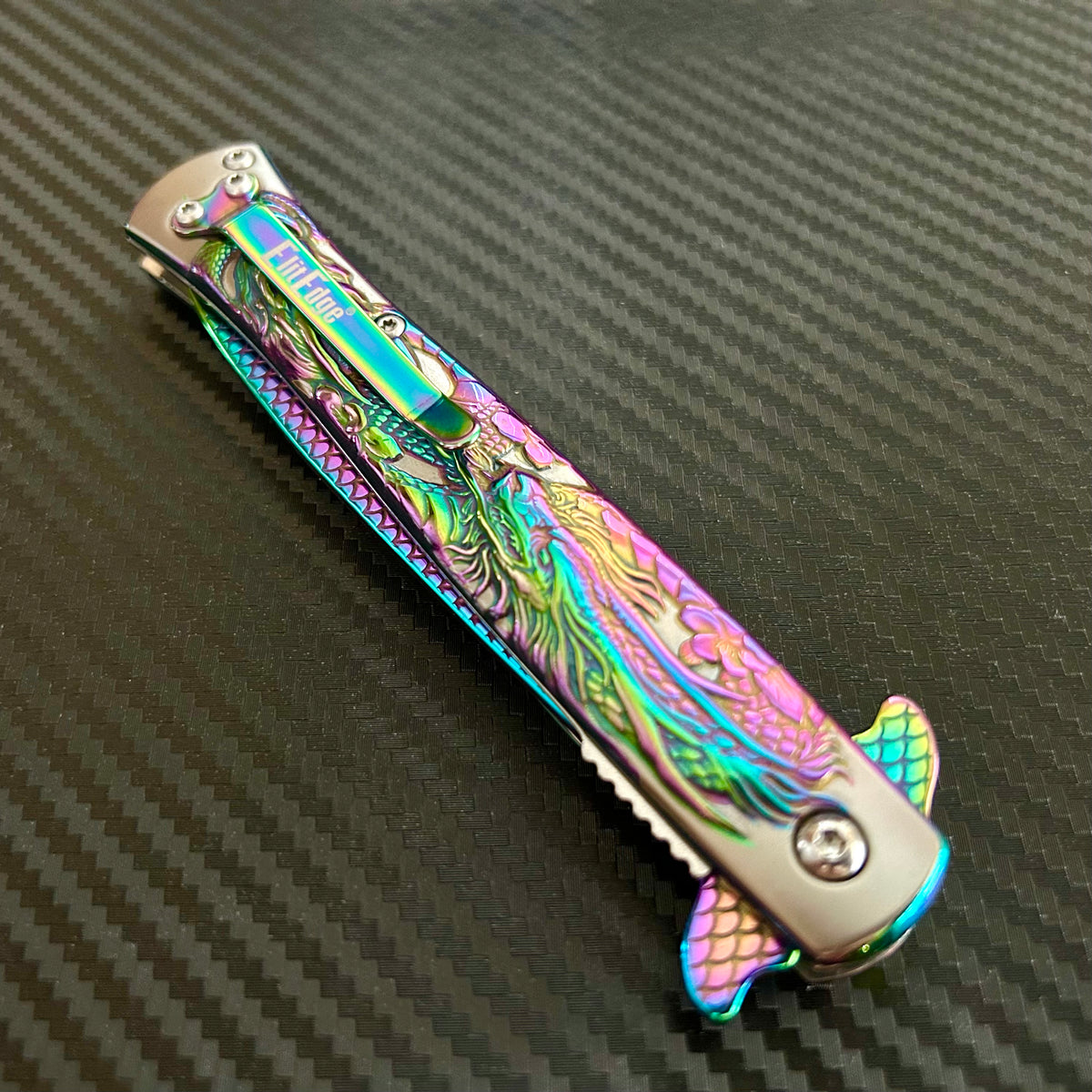 BladeDealUSA 9” Rainbow Dragon Engraved Cute Spring Assisted Open Blade Folding Pocket Knife. Hunting, Camping, Cute Knife. Cool Knife