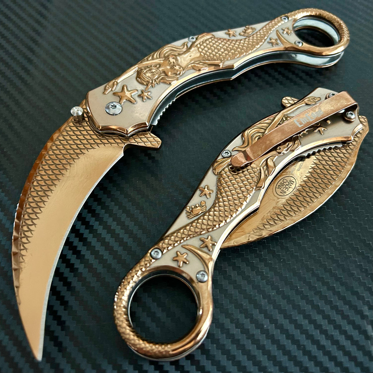 BladeDealUSA Mermaid Sculpture 9” Karambit Tactical Spring Assisted Folding Pocket Knife. Hunting, Camping, Cute Knife. Cool Knife