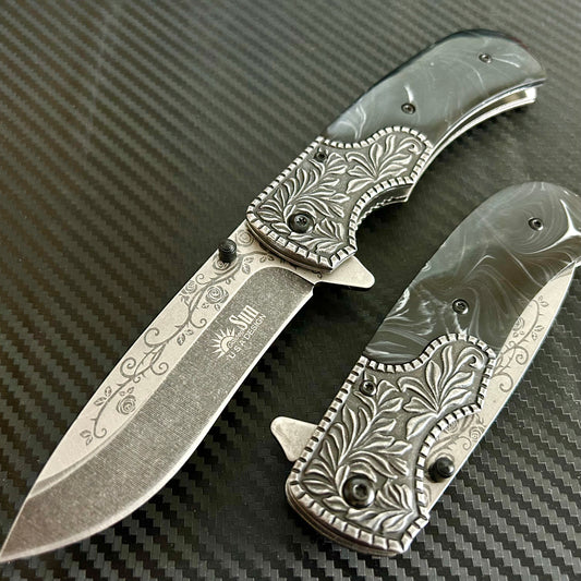 BladeDealUSA 8.5” Rose Engraved Cute Spring Assisted Open Blade Folding Pocket Knife. Hunting, Camping, Cute Knife. Cool Knife
