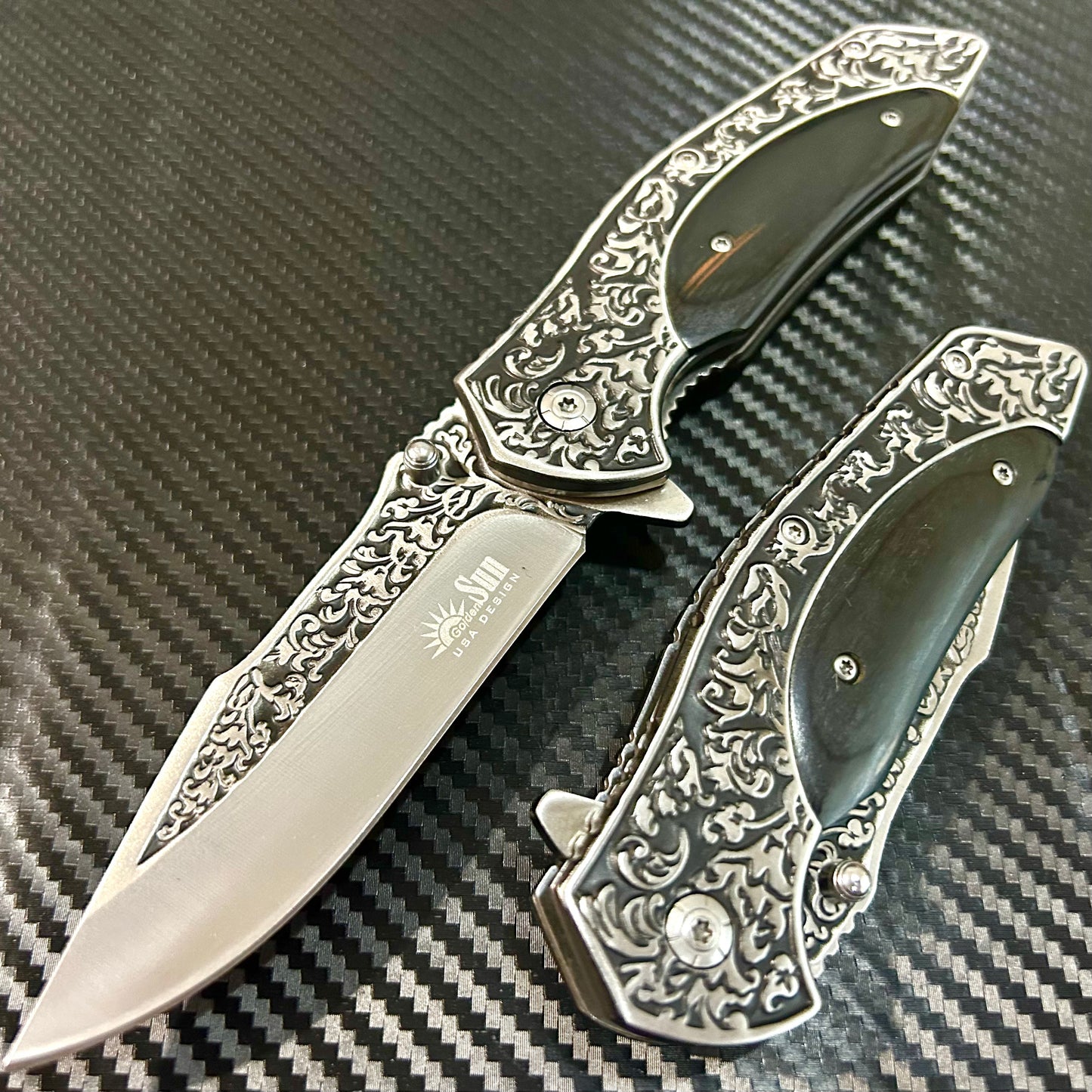 BladeDealUSA 9” Wood Flower Engraved Cute Spring Assisted Open Blade Folding Pocket Knife. Hunting, Camping, Cute Knife. Cool Knife
