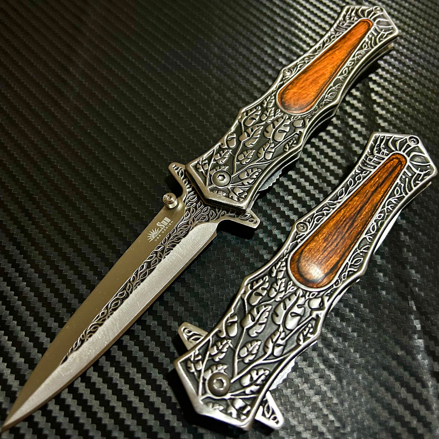 BladeDealUSA 9” Black Wood Flower Engraved Cute Spring Assisted Open Blade Folding Pocket Knife. Hunting, Camping, Cute Knife. Cool Knife