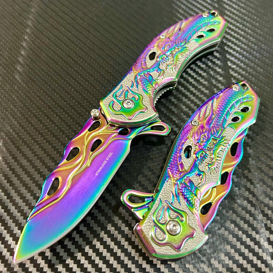 BladeDealUSA 8” Rainbow Dragon Tactical Spring Assisted Folding Pocket Knife. Hunting, Camping, Cute Knife. Cool Knife.