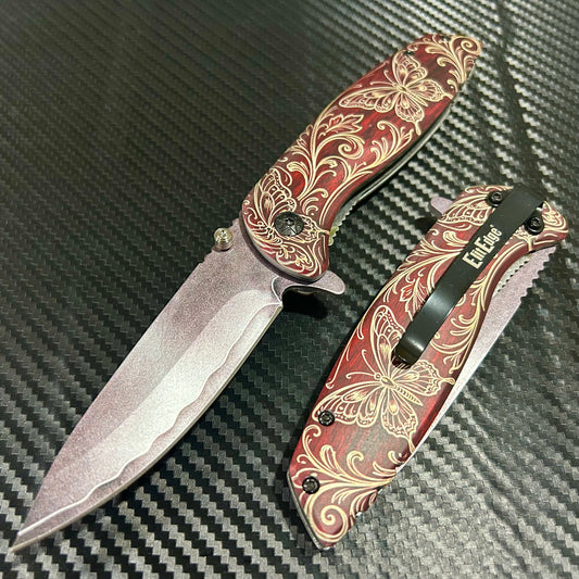 BladeDealUSA 8.5” Butterfly Flower Engraved Cute Spring Assisted Open Blade Folding Pocket Knife. Hunting, Camping, Cute Knife. Cool Knife