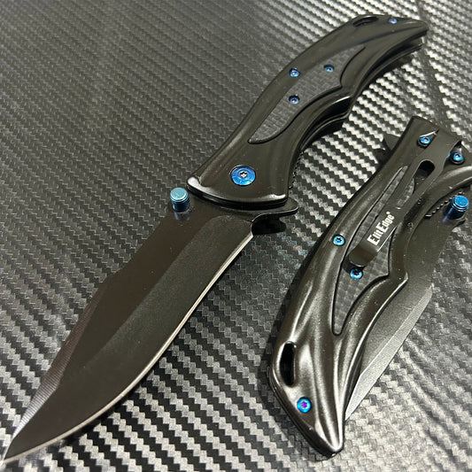 ElitEdge 9” Tactical Blue Jumbo Spring Assisted Open Blade Folding Pocket Knife. Hunting, Camping, Cute Knife