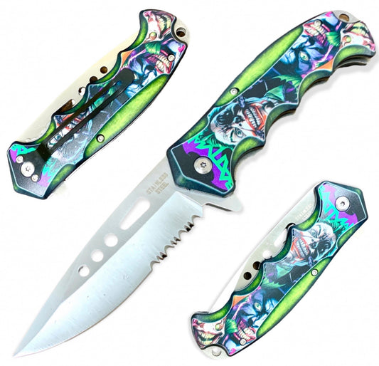 Super Knife 8.5" Joker Tactical Spring Assisted Folding EDC Pocket Knife Hunting Survival Green Handle