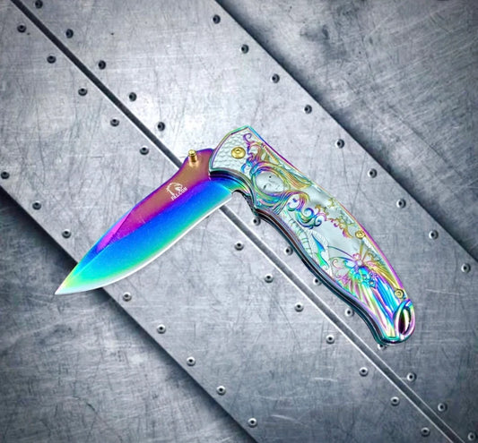 Falcon Knife 8.5" Rainbow Goddess Mermaid Engraved Tactical Assisted Folding Pocket Knife.