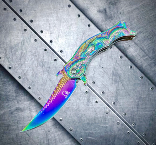 Falcon Knife 8” Collectible Knife Rainbow 3D Dragon Ball Carve. Karambit Knife