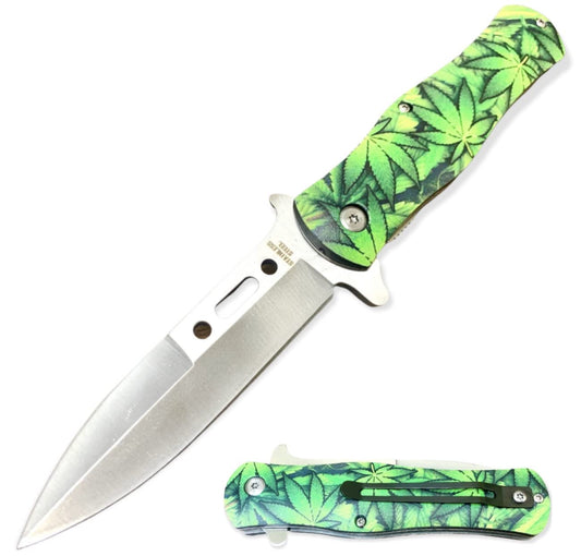 Super Knife Marijuana Leaf EDC Cool Sharp Blade Assisted Open Folding Stiletto Pocket Knife