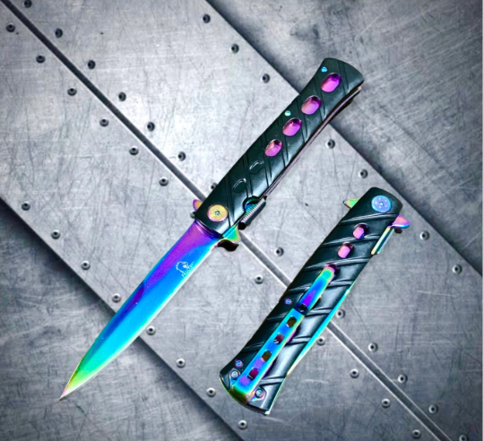 9 LIMITED EDITION RAINBOW STILETTO SPRING ASSISTED FOLDING POCKET KNIFE  open