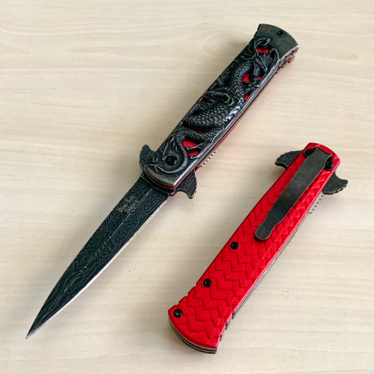 DarkSide Blades 8.75” Dragon Engraved Red Stiletto Knife Tactical Spring Assisted Open Blade Folding Pocket knife