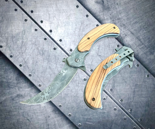Falcon Knife Damascus Wooden Karambit Tactical Spring Assisted Folding Pocket Knife