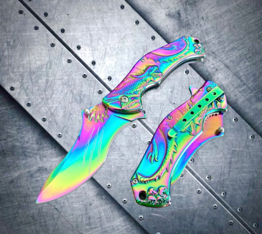 Falcon Knife Rainbow Dragon 3D Sculpture Tactical Spring Assisted Folding Pocket Knife