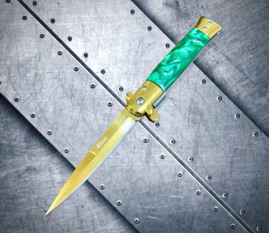 Falcon Knife Golden Green Italian Milano Stiletto Spring Assisted Folding Pocket Knife