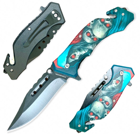 Blue Skull Super Knife 7.75" Spring Assisted Folding Pocket Knife. EDC Light Weight, Even Blade, Smooth Handle