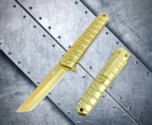 Falcon Knife Gold Mini Folding Katana Spring Assisted Open Blade EDC Folding Stiletto Pocket Knife