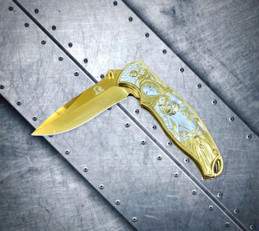 Falcon Knife 8.5" Gold Goddess Mermaid Engraved Tactical Assisted Folding Pocket Knife.