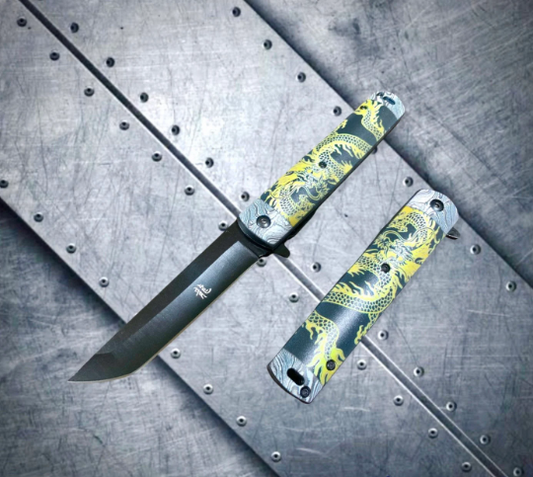 Falcon Knife Gold Dragon 3D Print 8” Katana Tactical Spring Assisted Folding Pocket knife