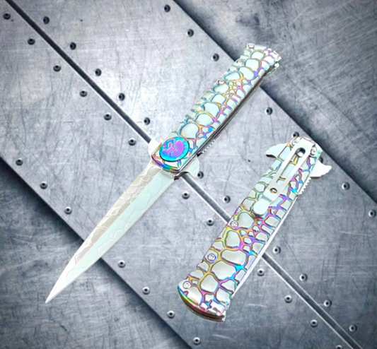 Wartech Black Widow Rainbow Stiletto Tactical Spring Assisted Open Blade Folding Pocket Knife