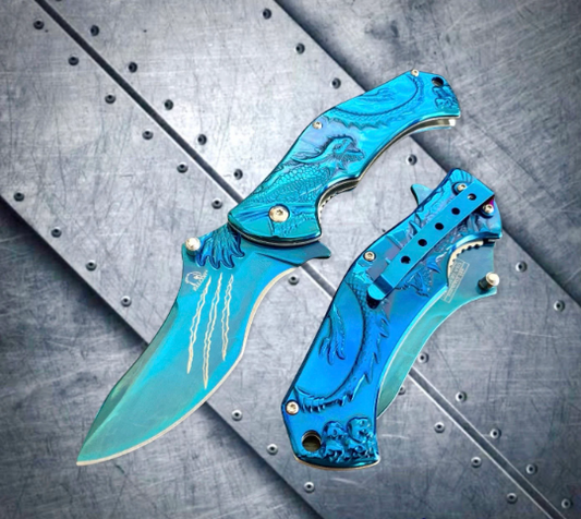 Falcon Knife Blue Dragon 3D Sculpture Tactical Spring Assisted Folding Pocket Knife