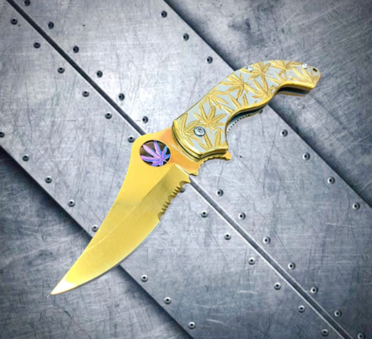 Falcon Knife Luxury Gold Marijana Leaf Engraved 7.5” Spring Assisted Folding Pocket Knife