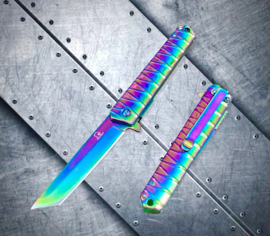 Falcon Knife Rainbow Mini Folding Katana Spring Assisted Open Blade EDC Folding Stiletto Pocket Knife