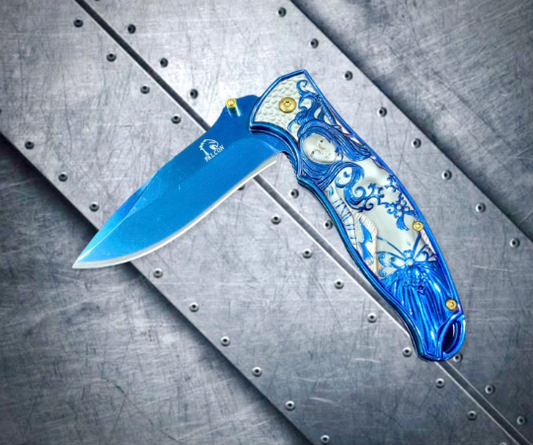 Falcon Knife 8.5" Blue Goddess Mermaid Engraved Tactical Assisted Folding Pocket Knife