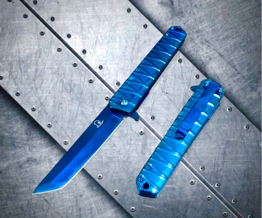 Falcon Knife Blue Mini Folding Katana Spring Assisted Open Blade EDC Folding Stiletto Pocket Knife