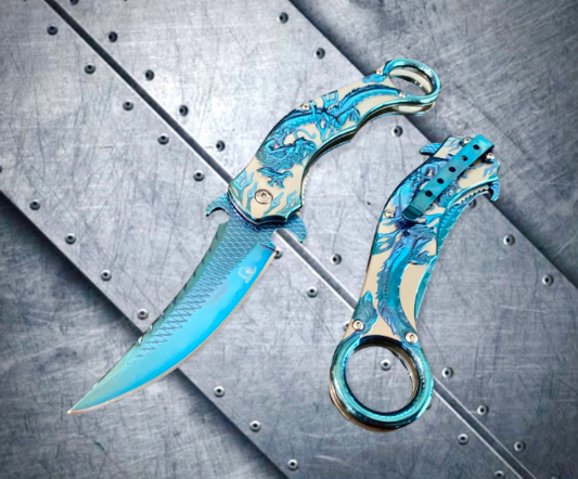 Falcon Knife Blue Dragon Sculpture 9” Karambit Tactical Spring Assisted Folding Pocket Knife