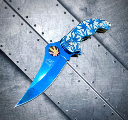 Falcon Knife Luxury Blue Leaf Engraved 7.5” Spring Assisted Folding Pocket Knife