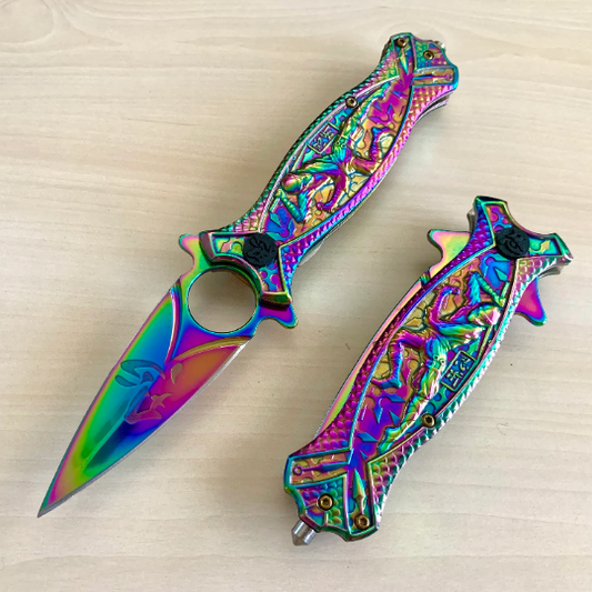 ElitEdge 8.5” Rainbow Ninja Cute Knife Spring Assisted Open Blade Folding Pocket Knife