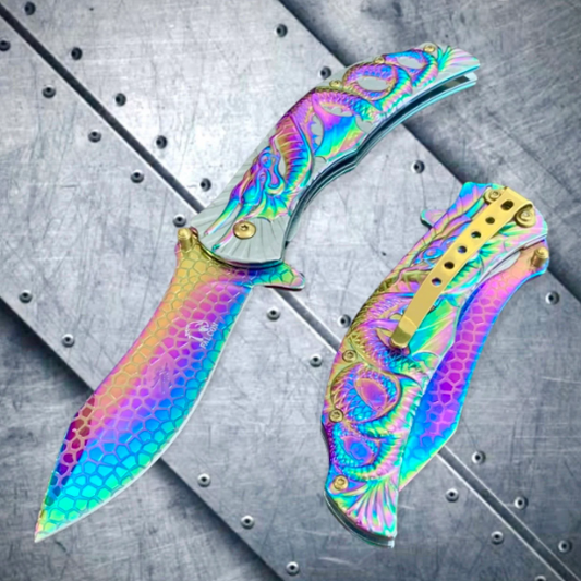 Falcon Knife Rainbow Fantasy Sculpt 3D Dragon Tactical Spring Assisted Folding Pocket Knife
