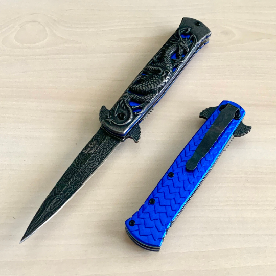 DarkSide Blades 8.75” Dragon Engraved Blue Stiletto Knife Tactical Spring Assisted Open Blade Folding Pocket knife