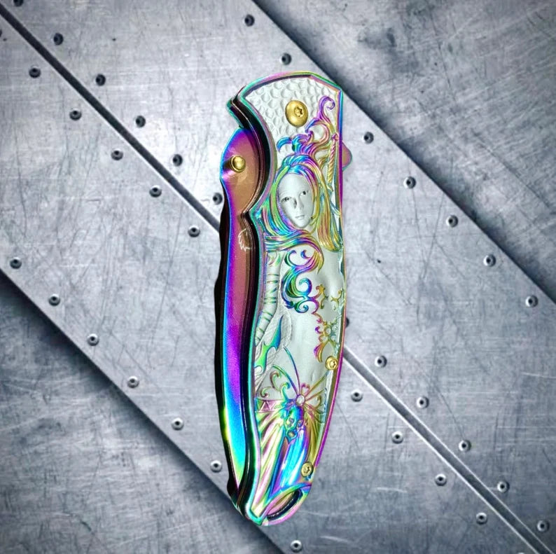 Falcon Knife 8.5" Rainbow Goddess Mermaid Engraved Tactical Assisted Folding Pocket Knife.